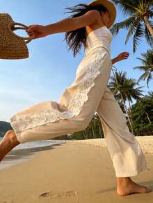 Nevyona Women's Drawstring Elastic Waist Lace Trim Loose Wide Leg Pants, Beige Boho Beach Holiday Autumn Casual Vacation Cream Pants - Apricot - View 4