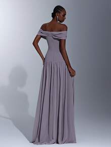 Elitara Elegant Gray-Purple High Stretch Mesh Off Shoulder Waist Slimming Ruched Handmade Beaded Rhinestone A-Line Dress, Suitable For Dates, Vacations, Singles Parties, Weddings, Formal Galas - Dusty Purple - View 3