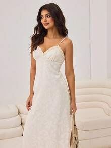 Aidyla 女士白色镂空花卉图案度假街头风荷叶边下摆吊带长裙 - 杏色 - 查看 5