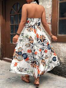 SHEIN Clasi Plus Size Women Tropical Plant Print Halter Asymmetrical Top + Shorts 2pcs Set - Apricot - View 2