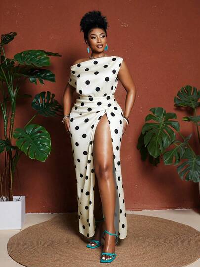 Maweii 大码波点缎面不对称扭结前襟优雅派对连衣裙