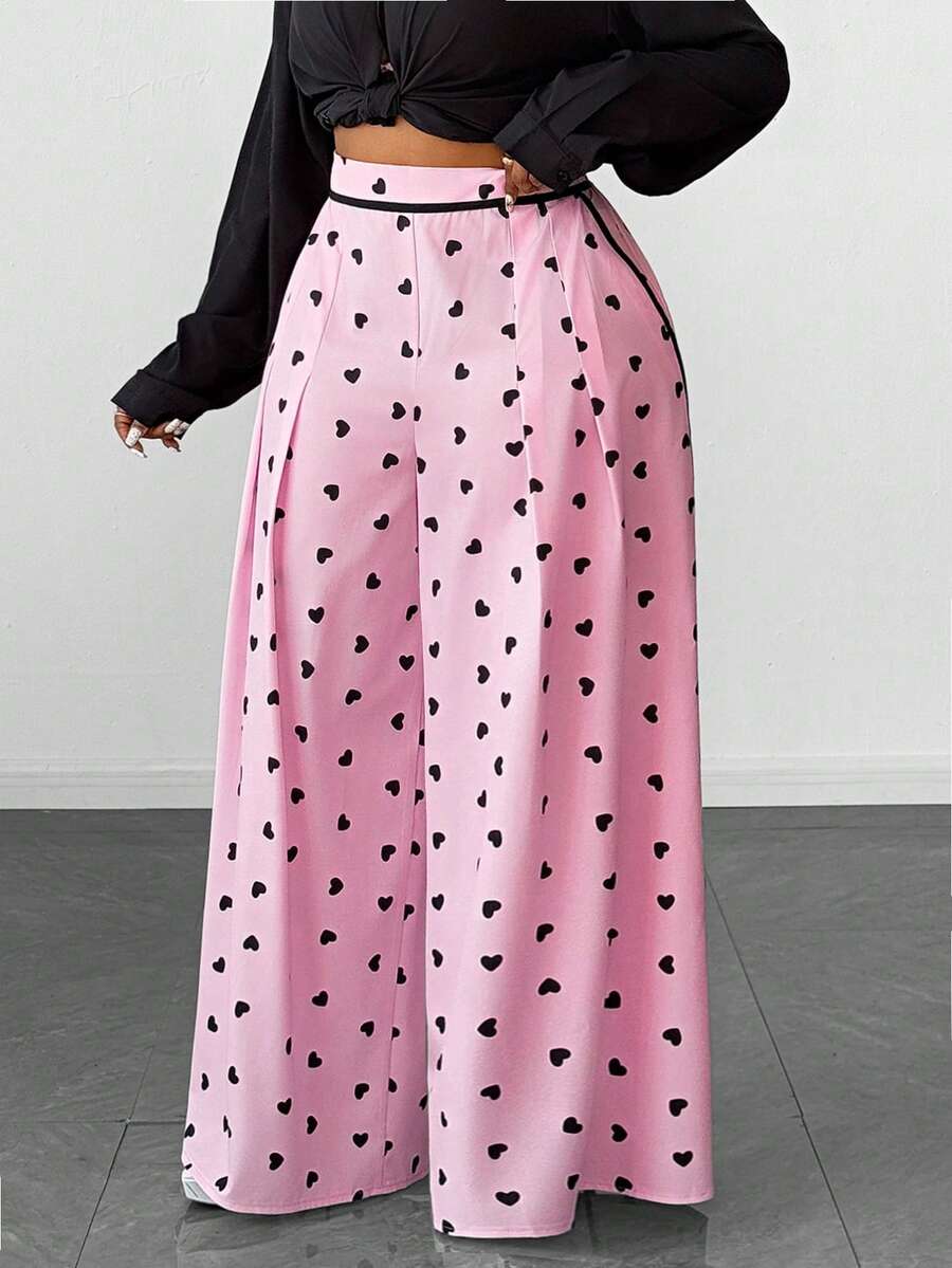 Maweii Pantalones largos de talla grande con estampado de corazón y bloques de color - Rosa - Ver 1