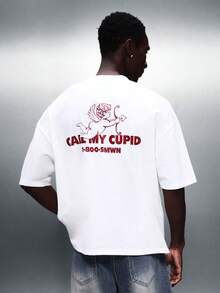 SUMWON Crop Fit Call My Cupid Graphic Print Short Sleeve Crew Neck Regular Fit T-Shirt With Angel Design Back Print For Valentine's Day Casual - White - View 6