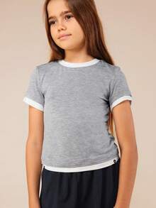 Áo thun ngắn tay cổ tròn hai lớp màu xám SUMWON với viền trắng tương phản, thích hợp mặc hàng ngày, đi nghỉ mát, dành cho thiếu niên. - Màu Xám nhạt - Xem 5