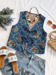 Soleia 女士度假休闲蓝色复古热带植物提花系带纹理面料背心 - 彩色 - 查看 3
