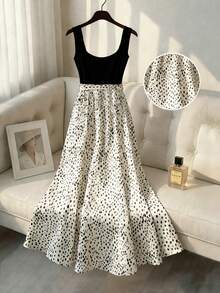 Franclia 夏季新款简约纯黑色无袖背心搭配高腰渐变波点长裙，显瘦拉长身形，适合通勤、约会、休闲场合，弹性腰带搭配同色腰带，轻盈面料，夏季必备单品，百搭时尚/优雅长裙 - 黑與白 - 查看 2