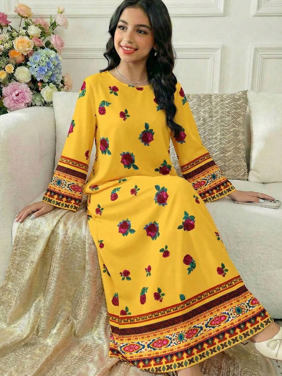 Tween Girls Yellow Autumn Boho Family Matching Casual Floral & Print Long Sleeve Robe,Vintage Elegant Kaftan Traditional Arabic Style Patterned Dress - Multicolor - View 1