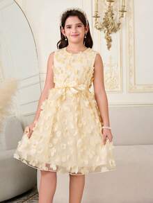 SHEIN 1pc Tween Girls' Spring/Summer Sleeveless Round Neck Mesh Butterfly Embroidered Party Elegant Flower Girl Wedding Bridesmaid Sweet A-Line Dress With Satin Belt, Everyday Wear Princess Dress - Apricot - View 3