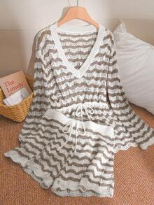 CosyJoli 大码优雅法式极简波浪纹多功能度假休闲镂空针织上衣和裤子两件套，轻盈透气，适合春夏穿着 - 駝色 - 查看 6