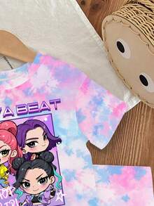 一套女婴休闲可爱韩系卡通扎染图案短袖针织T恤和配套扎染短裤套装，适合婴幼儿日常及假日穿着的舒适针织服装，运动时尚套装 - 彩色 - 查看 5