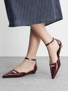 CUCCOO BIZCHIC Zapatos de tacón bajo de punta fina negros, sencillos y elegantes, versátiles, con tira trasera. Nuevos zapatos planos de bajo empeine para ir al trabajo, con correa en el talón, adecuados para la oficina en primavera/otoño - Espejo burdeos 225B - Ver 3