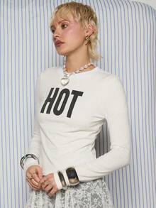 COUREZ 长袖印花T恤 / Y2K 春季女装 可爱性感外出上衣 标语T恤 派对上衣 白色长袖上衣 约会之夜 情人节 - 白色 - 查看 5