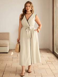 Roveilla 大码女装春夏法式浪漫西西里优雅休闲通勤波西米亚风度假下午茶纯色V领开襟撞色包边撞色纽扣腰带抽绳无袖长连衣裙女式夏季连衣裙裹身连衣裙女士夏季套装女式连衣裙优雅经典女式春季连衣裙亚麻连衣裙女士夏季亚麻连衣裙亚麻罩衫休闲连衣裙女士优雅高贵无袖连衣裙外套 - 杏色 - 查看 5
