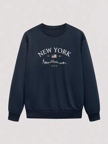 Open Phase 男士休闲街头百搭纽约英伦元素印花圆领套头衫 - 藏蓝色 - 查看 1