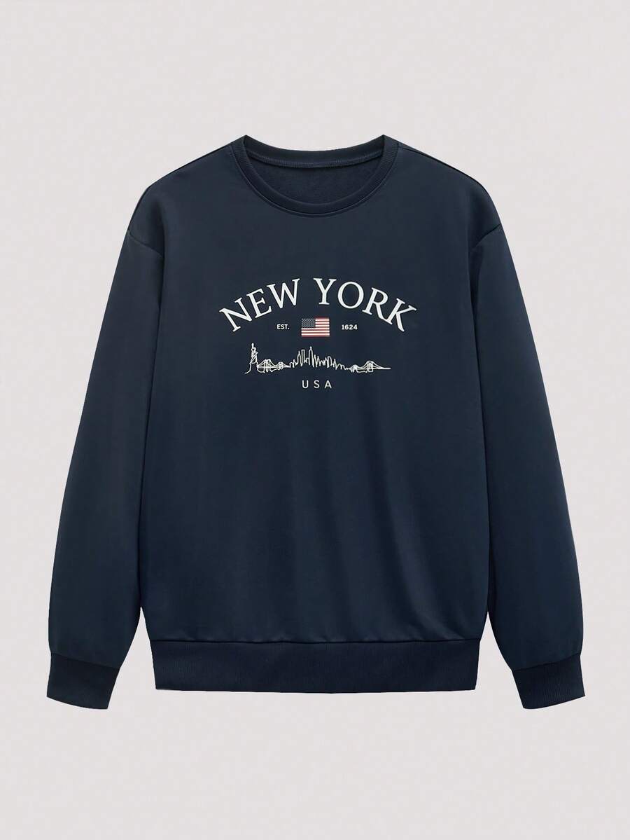 Open Phase 男士休闲街头百搭纽约英伦元素印花圆领套头衫 - 藏蓝色 - 查看 1