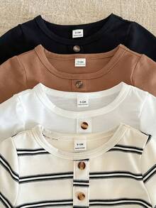 LMoss Kids 4件套男婴纯色条纹圆领T恤套装 - 彩色 - 查看 4