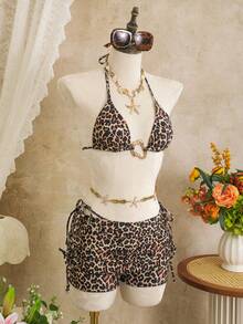 Zestiva 2026 New Spaghetti Strap Black & Brown Leopard Print Side High Cut Drawstring Thong Bikini Bottom Low Waist Side Drawstring Skort 3-Piece Sexy Swimwear Set For Women Animal Print Swim Wear Cheetah Print Two Pieces Bikini Skirt Set Cheetah Print Bathing Suit Women Leopard Set - Multicolor - View 5
