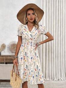 Breezaya 女士优雅度假休闲V领泡泡袖碎花收腰A字连衣裙 - 彩色 - 查看 4