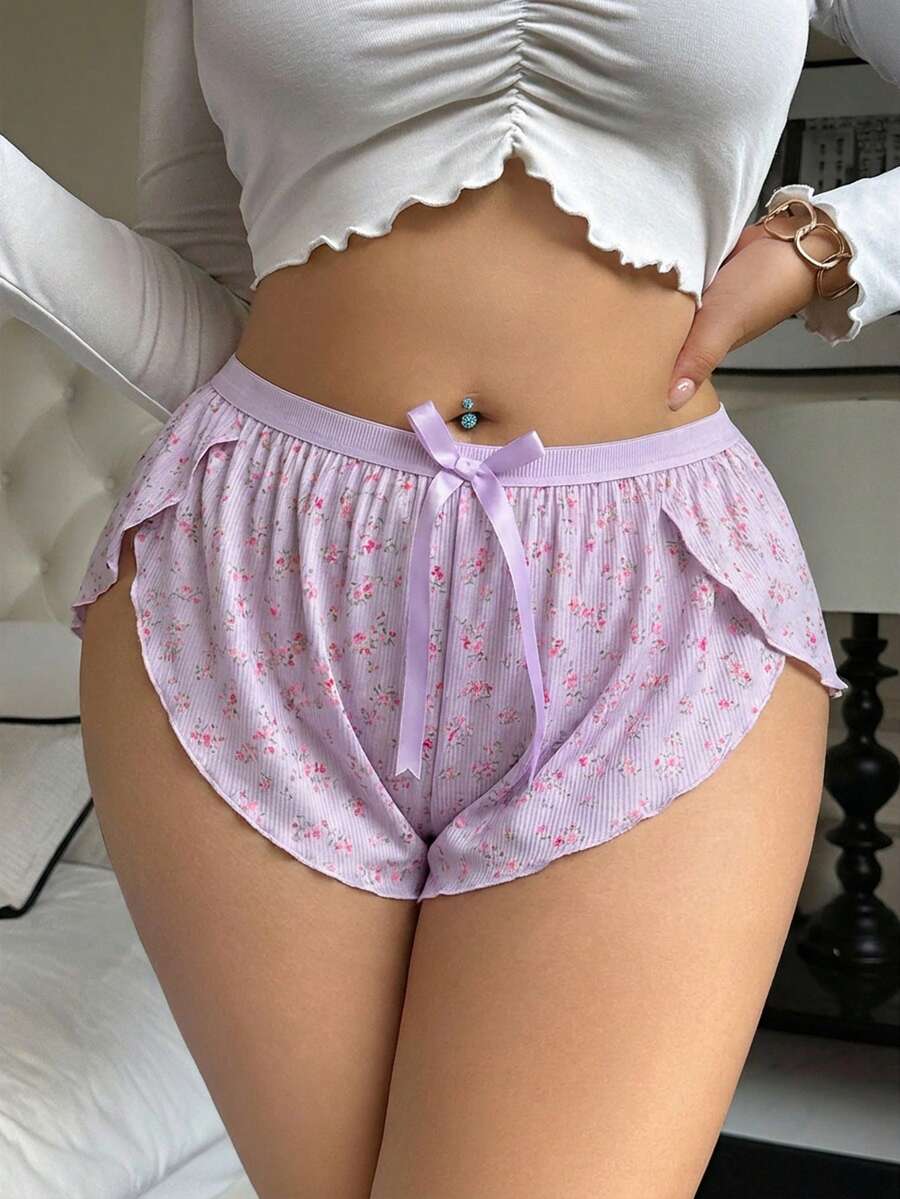 Quần boxer nữ cỡ lớn họa tiết hoa nhí dễ thương, kiểu dáng thường ngày. - Màu tím hoa cà - Xem 1