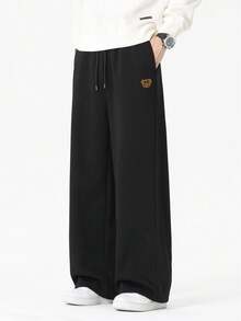 Manfinity Hypemode 男士卡通熊印花抽绳腰带口袋阔腿宽松休闲裤 - 黑色 - 查看 1