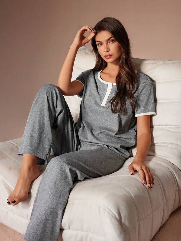 Lazeform Women's Knit Ribbed Crew Neck Short Sleeve & Long Pants Casual Loungewear Set, Suitable For Sleepwear Or Outerwear