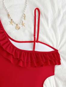 SHEIN Traje de baño de una pieza con doble volante hueco para adolescentes en color rojo - Rojo - Ver 5