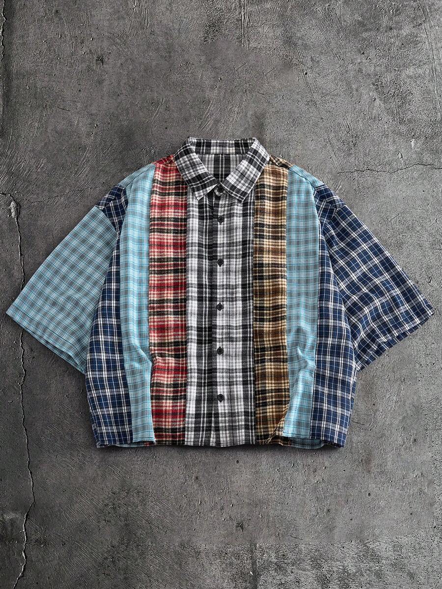 AXEPEAK 男士格子短袖单排扣休闲通勤衬衫 - 彩色 - 查看 1