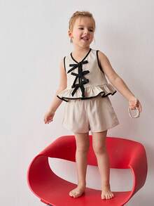 Maija Kids 少女休闲简约舒适圆领无袖撞色蝴蝶结荷叶边下摆上衣和短裤套装 - 卡其色 - 查看 6