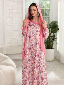 Al Najma Ribbon Patchwork Front Button Asymmetric Collar Print Dress With Headscarf - Multicolor - View 9