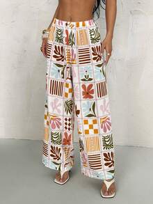 SHEIN PETITE Women's Fall Floral Print Tie Waist Wide Leg Pants, Vacation Wear Summer Beach Vacation Vacation - Multicolor - View 5