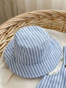 Set de 2 piezas de peto a rayas y sombrero de cubo de verano para bebé niño/niña, conjunto casual para el hogar, salidas y playa - Multicolor - Ver 6