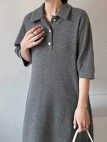 FRIFUL Women's Solid Color Polo Collar Loose Casual Long Dress - Grey - View 7