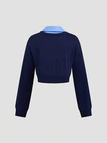 Sweetra Plus Size Contrast Color Casual Loose Fit Pullover Sweatshirt - Blue - View 2