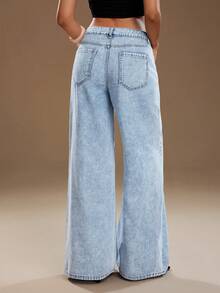 TRNVIE 时尚休闲口袋装饰低腰阔腿牛仔裤 - 中等水洗藍 - 查看 2