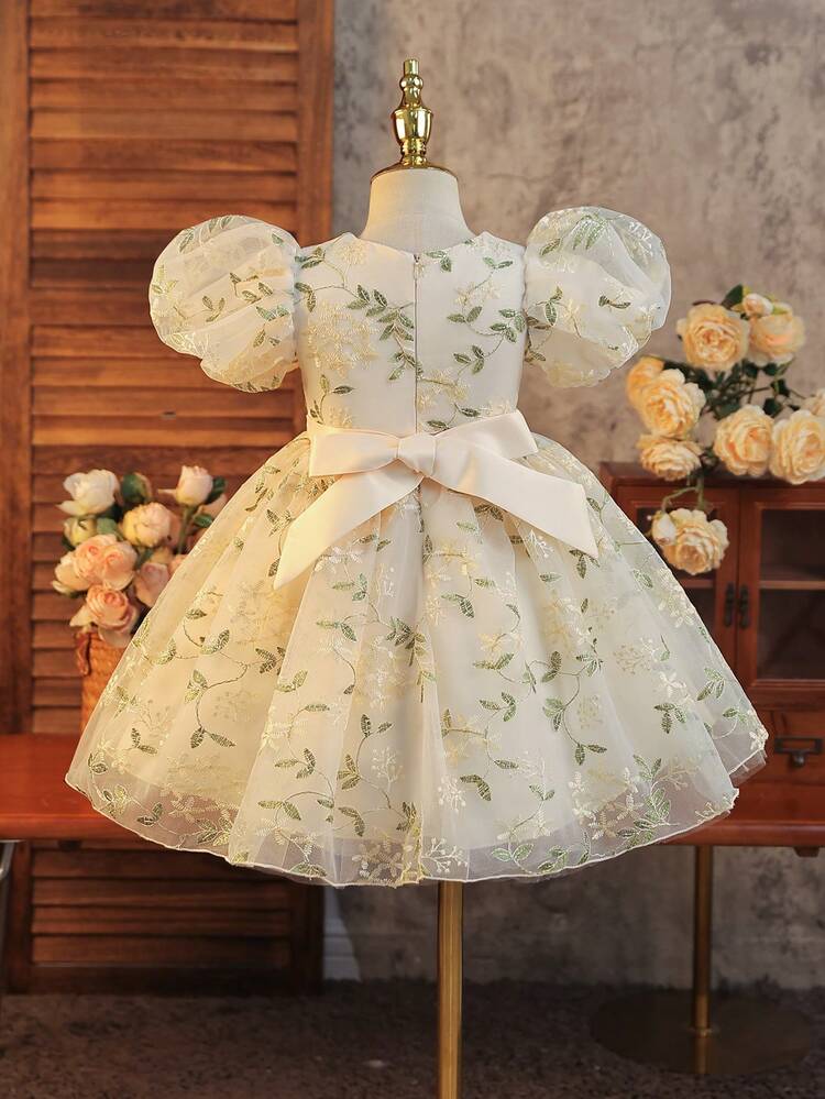 SHEIN Glamorique Kids Girls' Floral Waist Puff Tulle Puff Sleeve Elegant Party Dress, Suitable For All Seasons Girls Puffy Sleeve Dress Floral Flower Girl Dress Princess Dress Girls Party Dress Kids Elegant Dress - Champagne - View 2