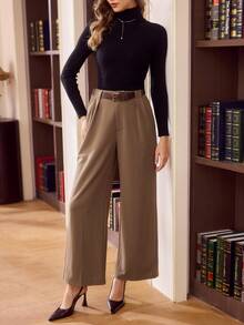 Vintamour 复古经典优雅女士长裤，修身腰带，咖啡色，带口袋，秋冬款 - 咖啡棕 - 查看 7