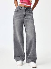 SHEIN Unity Plus Size Y2K Women Loose Fit Straight Leg Jeans, Vintage Washed Gray Casual Cowboy Outfits High Waisted Denim Pants - Grey - View 3