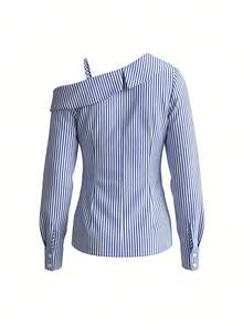 Rina Fox Women's Blue & White Striped Asymmetrical Shoulder Long Sleeve Pleated Waist Shirt - Multicolor - View 2