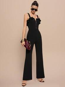 Leighera Bộ jumpsuit đen ôm sát người, trang trí khóa kéo, viền bèo nhún thanh lịch. - màu đen - Xem 7
