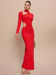 Leighera Đầm dài dệt kim khoét lỗ đính ngọc trai thiết kế mới cho mùa năm mới - Trang phục maxi cho nữ. - Đỏ - Xem 4