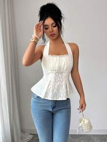 Feyla 女士优雅纯色提花露背吊带上衣，夏季 - 白色 - 查看 5