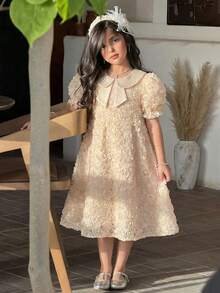 SHEIN 少女时尚优雅翻领短袖连衣裙 - 白色 - 查看 1