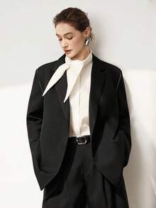 SHEIN Stylify Women's Tweed Composite Fabric Blazer With Lining, Notched Collar, Side Pockets, Padded Shoulders, Contrast Stitching, Long Sleeves With Slit Cuffs, Oversized Relaxed Fit, Black, Sophisticated Elegant French Vintage Style, Suitable For Commute, Business, Vacation, Casual, Party, Christmas, Thanksgiving, Afternoon Tea, New Year, Autumn/Winter