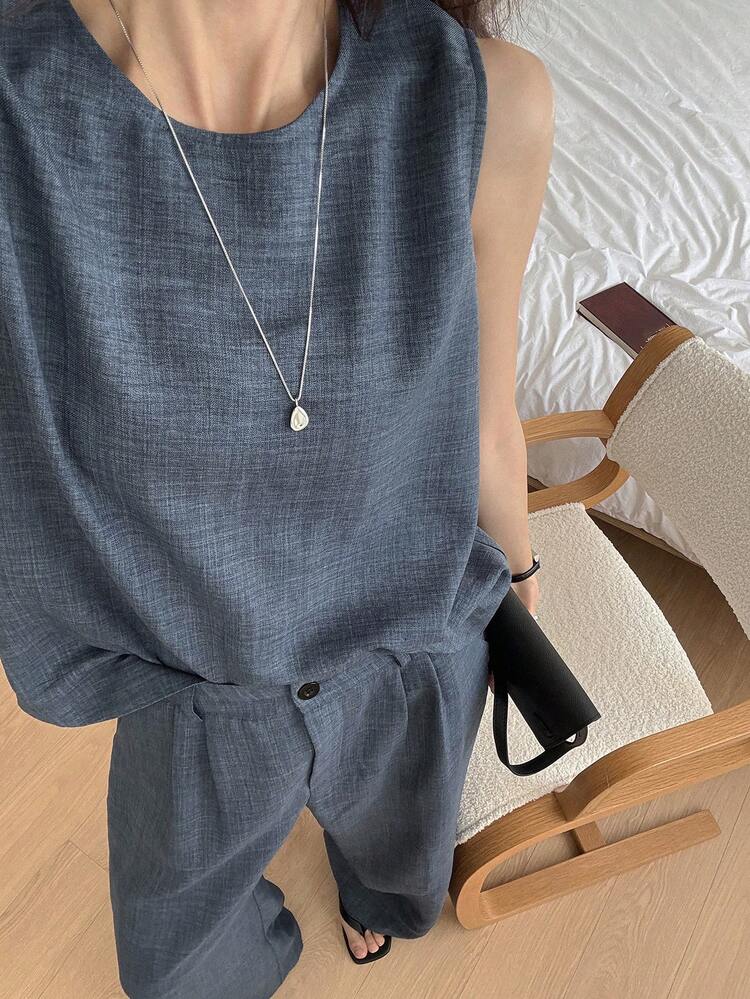 2pcs/Set Women Solid Color Sleeveless Casual Tank Tops, Minimalist Style For Daily Wear Summer Lounge Sets For Women