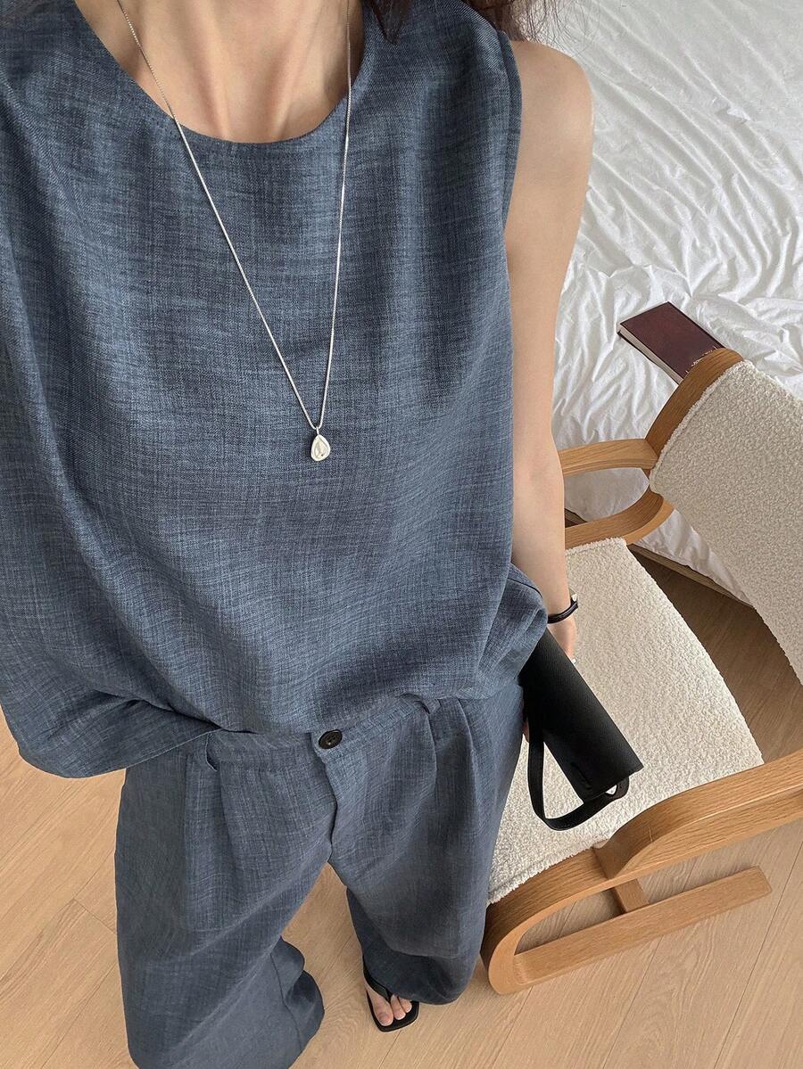 DAZY 2件套女士纯色无袖休闲背心，简约风格，适合日常穿着，夏季家居服套装