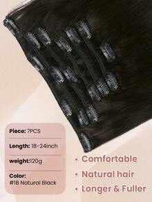 7 piezas de 120g Extensiones de cabello humano real de color negro natural con clips, extensiones de cabello humano recto Remy con clips - S1B - Ver 3