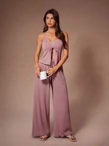 SHEIN Sexy Lace Patchwork V-Neck Cinching Waist Backless Tie Camisole And Pants Pajama Set - Dusty Pink - View 6