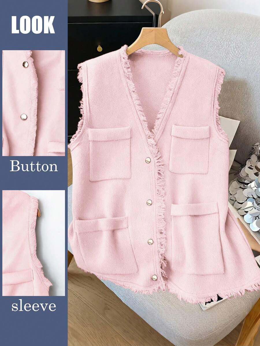 GlowEve CURVE Plus Size Elegant Commuter Solid V-Neck Fringe Trim Vest Jacket Cotton Women Clothing Women Vest Women Summer 2 Pieces Sets Vest And Pants Set - Pink - View 1