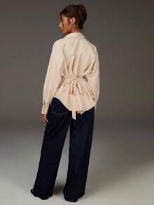 Athîral Women's Striped Drop Shoulder Long Sleeve Tie Waist Casual Commuter Shirt - Khaki - View 4