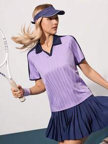 CourtClass Áo tennis nữ tay ngắn raglan cổ phối màu tương phản - Màu tím - Xem 4